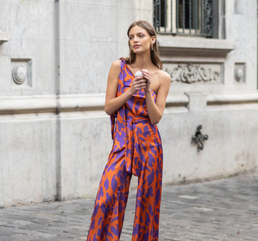 One shoulder silk blouse ANIMAL ORANGE/PURPLE