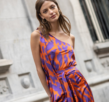 One shoulder silk blouse ANIMAL ORANGE/PURPLE