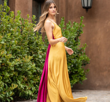 Vestido Colomba Mostaza y Fucsia