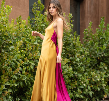 Vestido Colomba Mostaza y Fucsia