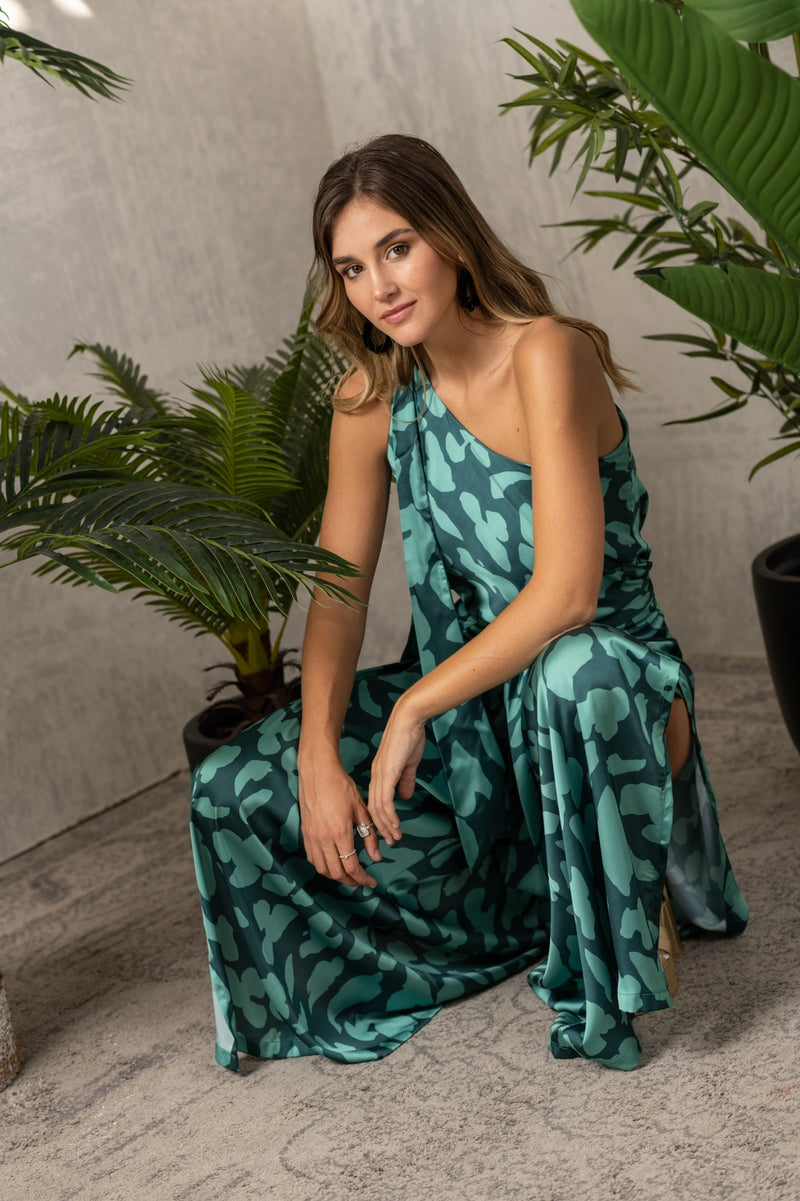 Petrol green/emerald one-shoulder animal silk blouse