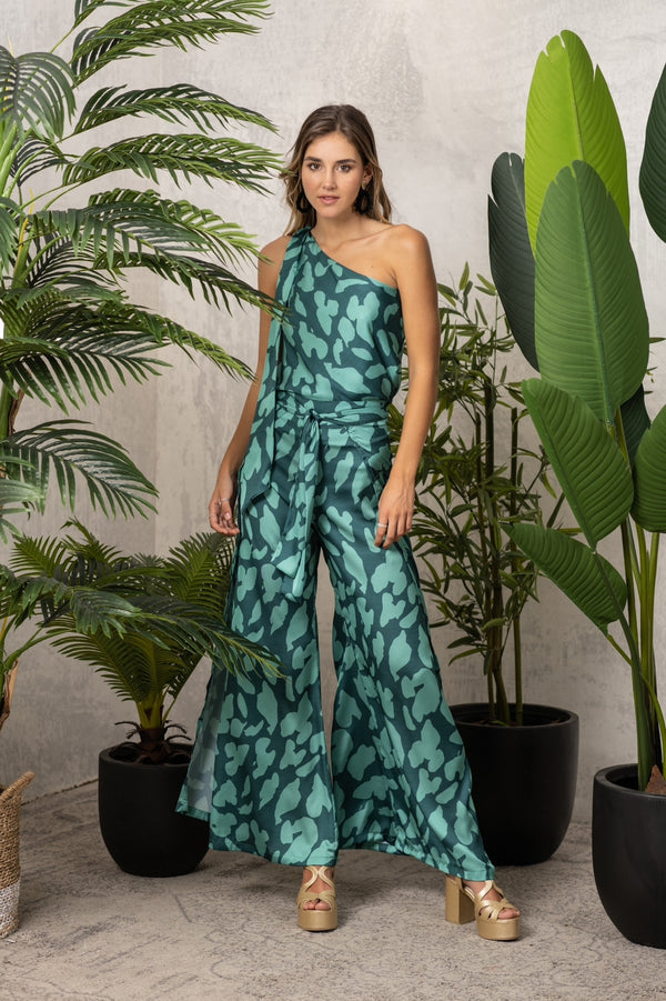 Petrol green/emerald one-shoulder animal silk blouse