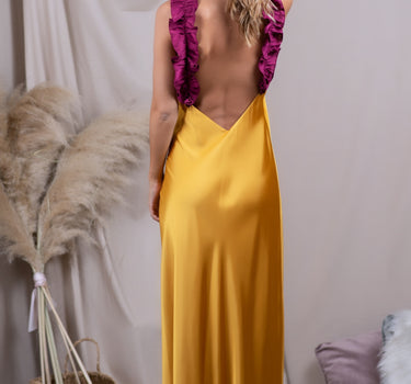 Vestido Vuelos Mostaza y Guinda