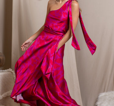 One shoulder silk blouse ANIMAL RED/FUCHSIA