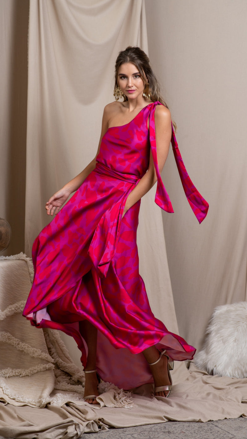 One shoulder silk blouse ANIMAL RED/FUCHSIA