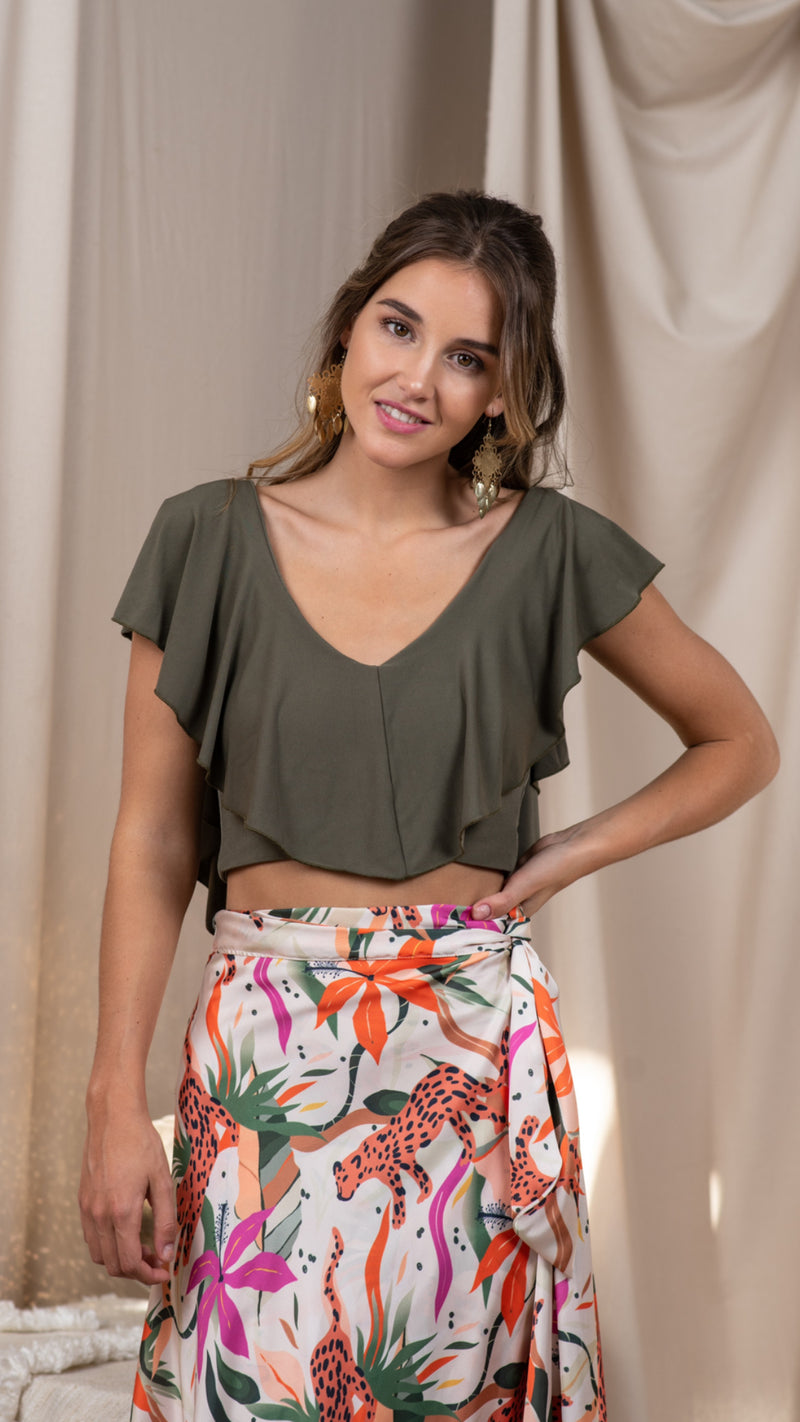 Polera de vuelos verde musgo
