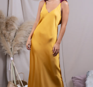 Vestido Vuelos Mostaza y Guinda