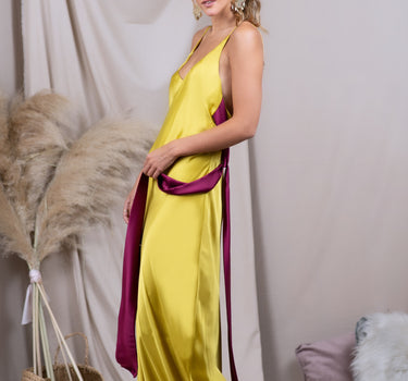 Vestido Colomba Mostaza claro y guinda